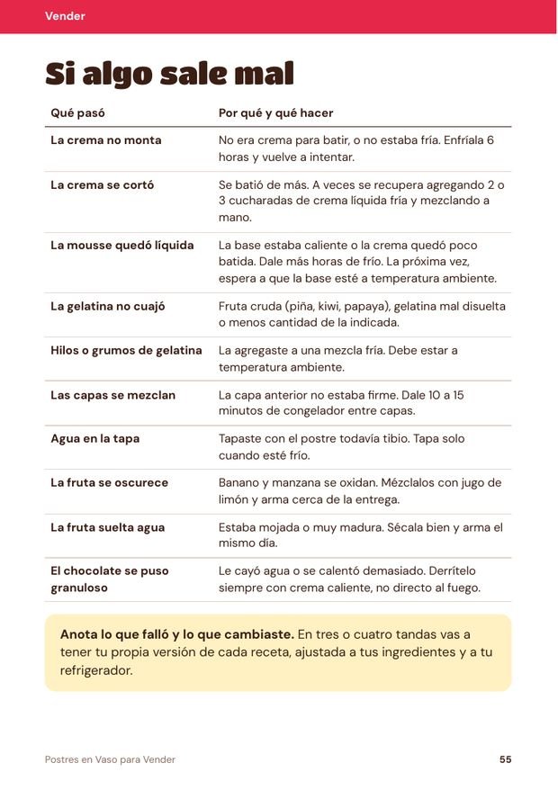 Página del recetario: si algo sale mal: causas y soluciones